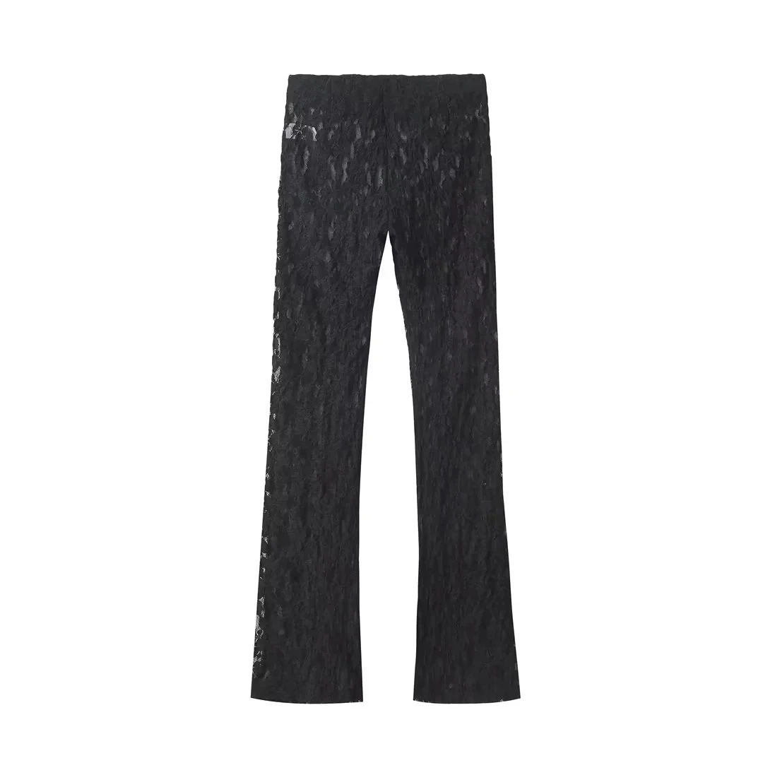 HH Womens Lace Pants Sets Slim Jumpsuits Top + High Waist Trousers Sexy Lady Floral Lace Translucent Y2k Bodysuit Suits