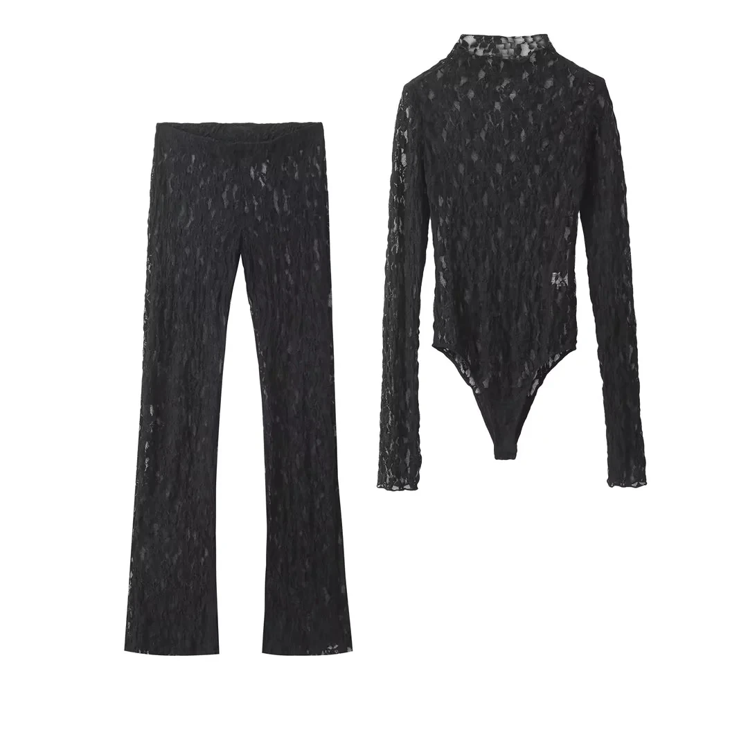 HH Womens Lace Pants Sets Slim Jumpsuits Top + High Waist Trousers Sexy Lady Floral Lace Translucent Y2k Bodysuit Suits