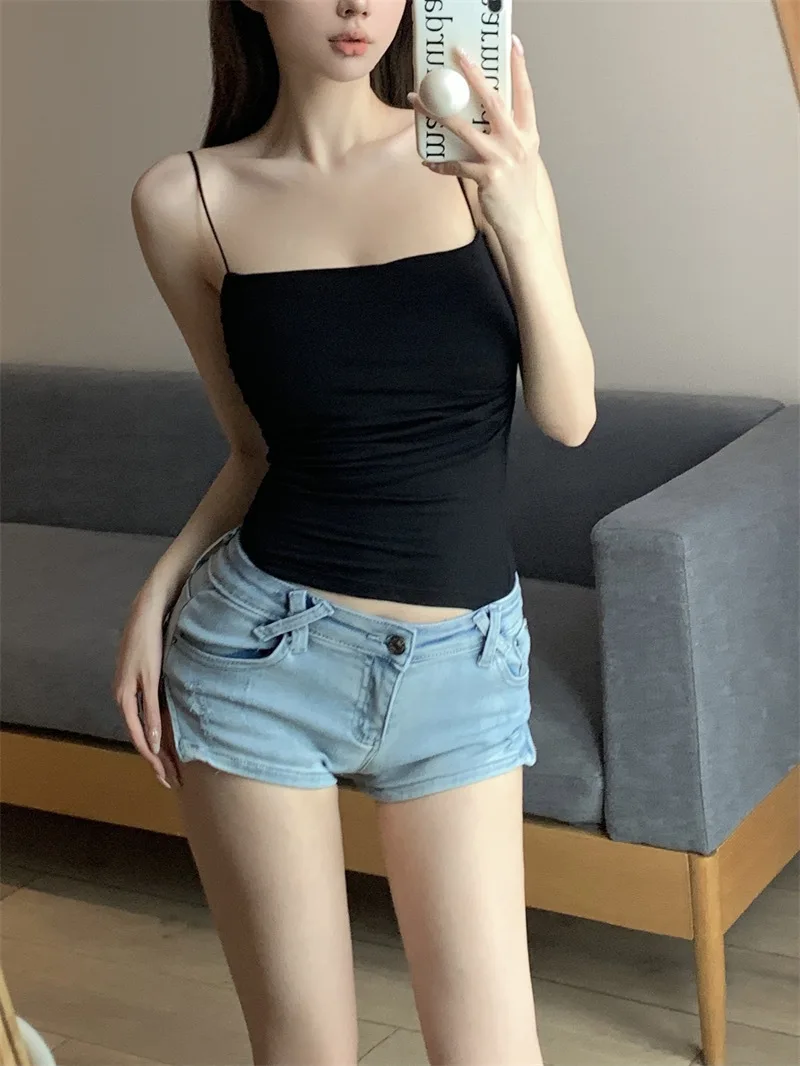 Women's Sleeveless Pleated Slim Fit Vest Sexy Hot Girl Short Top With Thin Shoulder Straps Solid Color Simple Fashion Vest