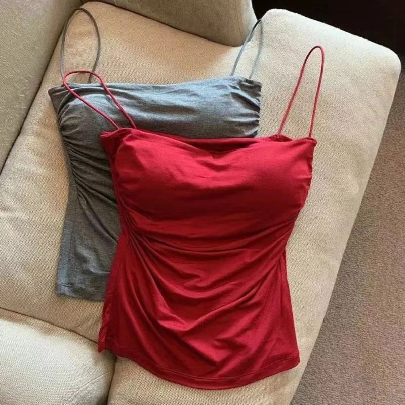 Women's Sleeveless Pleated Slim Fit Vest Sexy Hot Girl Short Top With Thin Shoulder Straps Solid Color Simple Fashion Vest