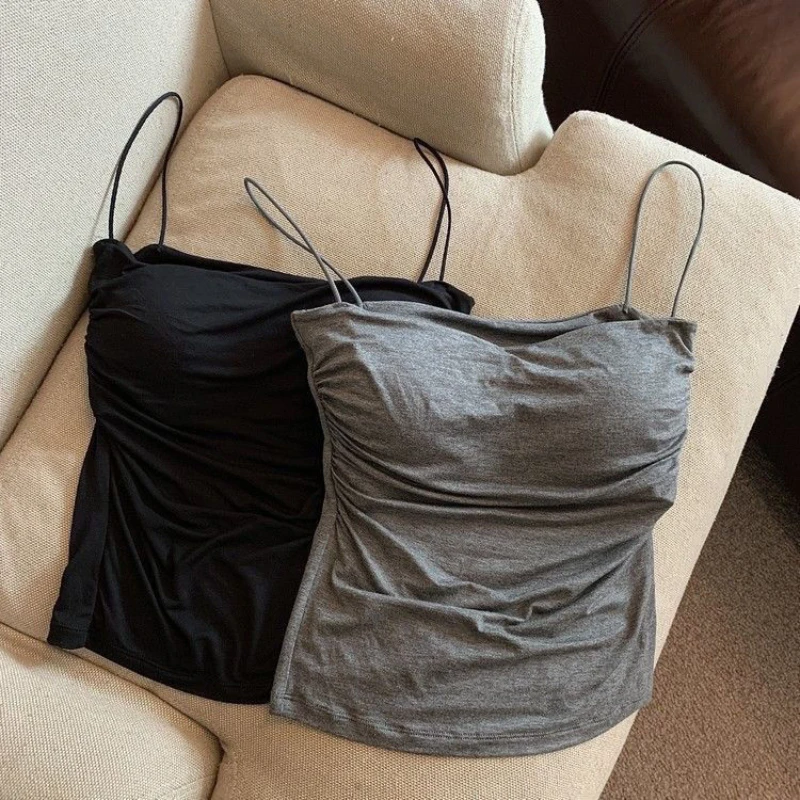 Women's Sleeveless Pleated Slim Fit Vest Sexy Hot Girl Short Top With Thin Shoulder Straps Solid Color Simple Fashion Vest