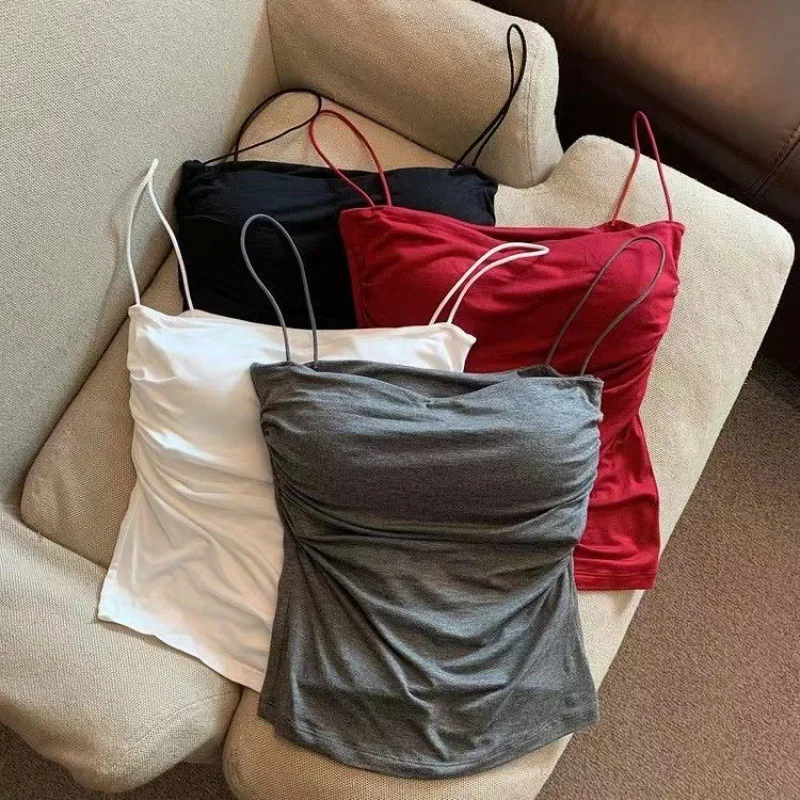Women's Sleeveless Pleated Slim Fit Vest Sexy Hot Girl Short Top With Thin Shoulder Straps Solid Color Simple Fashion Vest