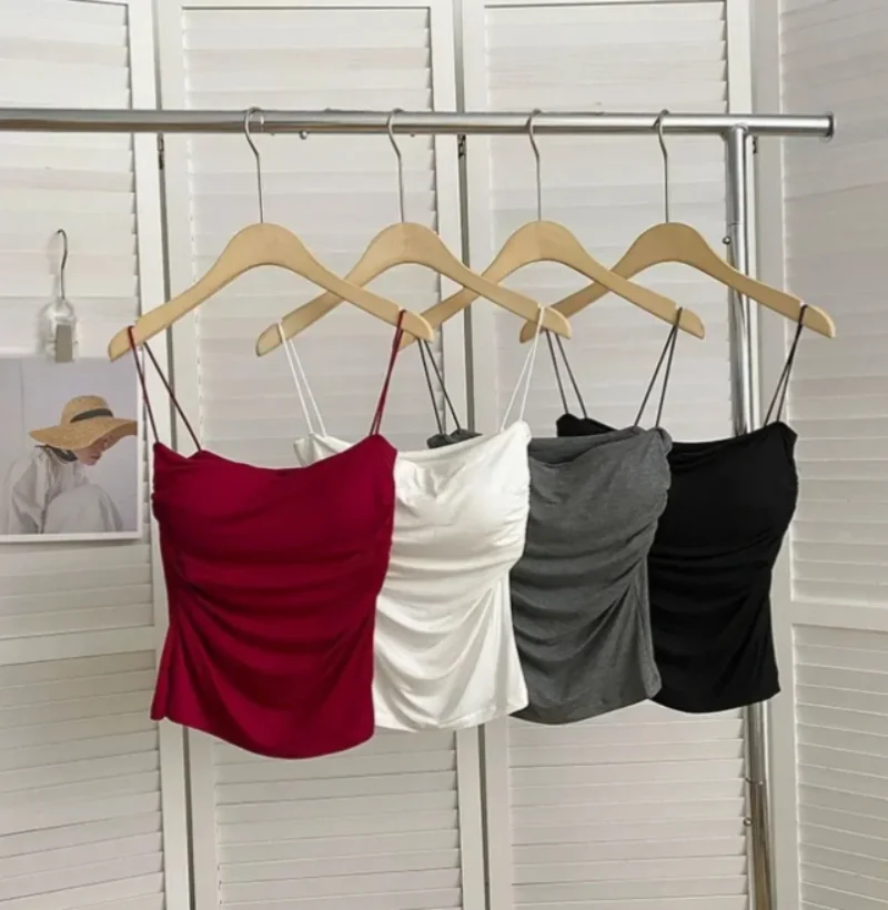 Women's Sleeveless Pleated Slim Fit Vest Sexy Hot Girl Short Top With Thin Shoulder Straps Solid Color Simple Fashion Vest