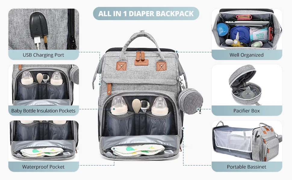Multifunctional Bed Diaper Backpack Baby Girl Boy Nappy Changing Bag Large Capacity Folding Crib Nursing Mommy Bag for Travel