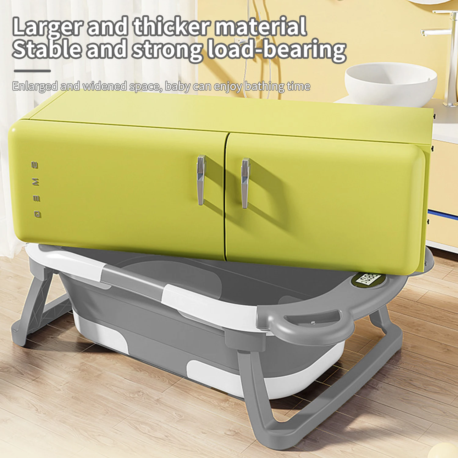 Foldable Baby Bathtub with Thermometer Non-Slip Bath Mat Cushion Support Portable Newborn Shower Tub for 0-15M Travel Bath Pool