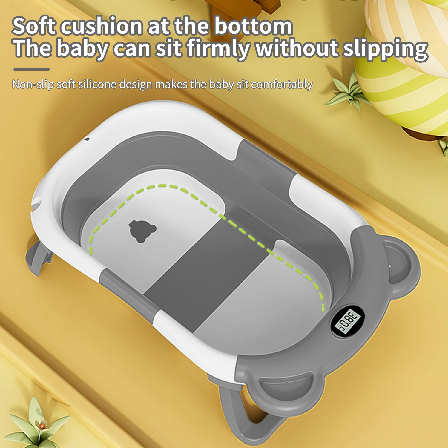 Foldable Baby Bathtub with Thermometer Non-Slip Bath Mat Cushion Support Portable Newborn Shower Tub for 0-15M Travel Bath Pool