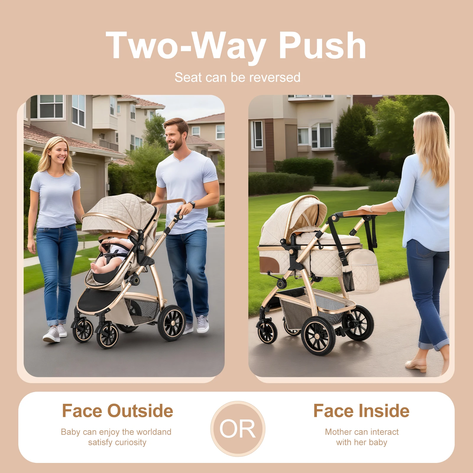 3 in 1 Prams Travel System, Pushchair with Height Adjustable Handle, Travel Pram with Mosquito Net, Baby Stroller with Aluminum