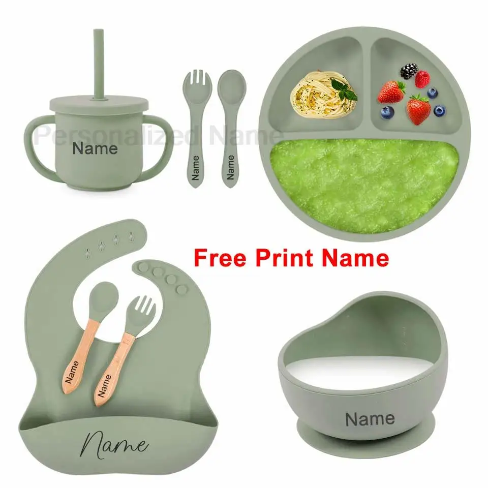 6Pcs Silicone Tableware For Kids Baby Feeding Sets Sucker Bowl Dining Plate Spoon Fork Bib Cup Personalized Name Children's Gift
