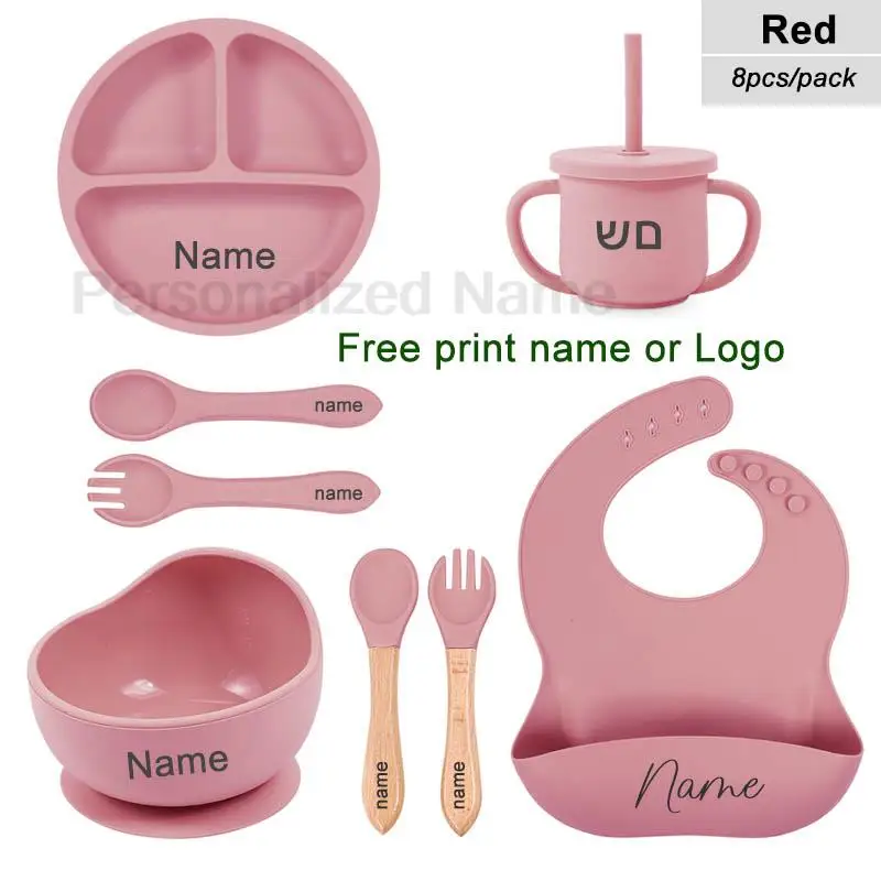 6Pcs Silicone Tableware For Kids Baby Feeding Sets Sucker Bowl Dining Plate Spoon Fork Bib Cup Personalized Name Children's Gift