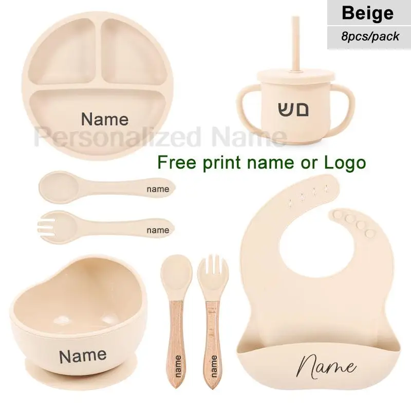 6Pcs Silicone Tableware For Kids Baby Feeding Sets Sucker Bowl Dining Plate Spoon Fork Bib Cup Personalized Name Children's Gift