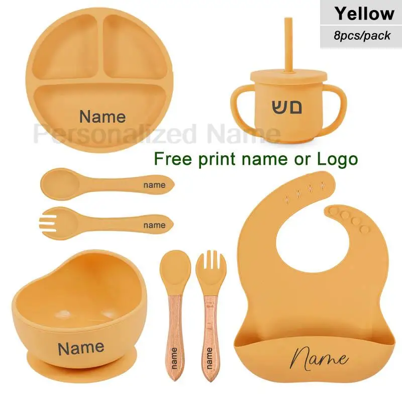 6Pcs Silicone Tableware For Kids Baby Feeding Sets Sucker Bowl Dining Plate Spoon Fork Bib Cup Personalized Name Children's Gift
