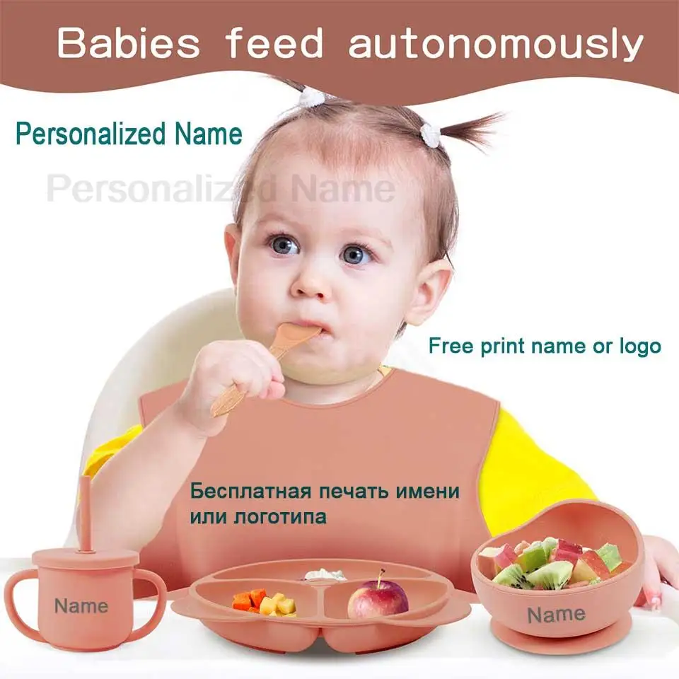 6Pcs Silicone Tableware For Kids Baby Feeding Sets Sucker Bowl Dining Plate Spoon Fork Bib Cup Personalized Name Children's Gift