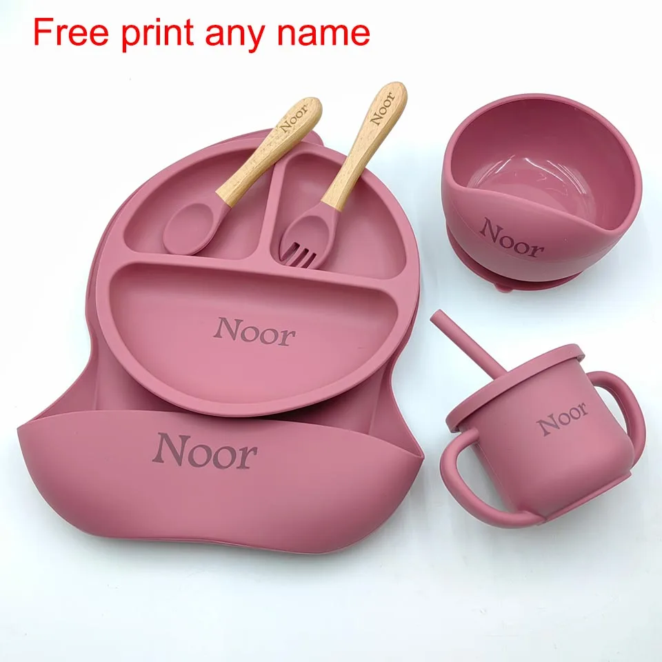 6Pcs Silicone Tableware For Kids Baby Feeding Sets Sucker Bowl Dining Plate Spoon Fork Bib Cup Personalized Name Children's Gift