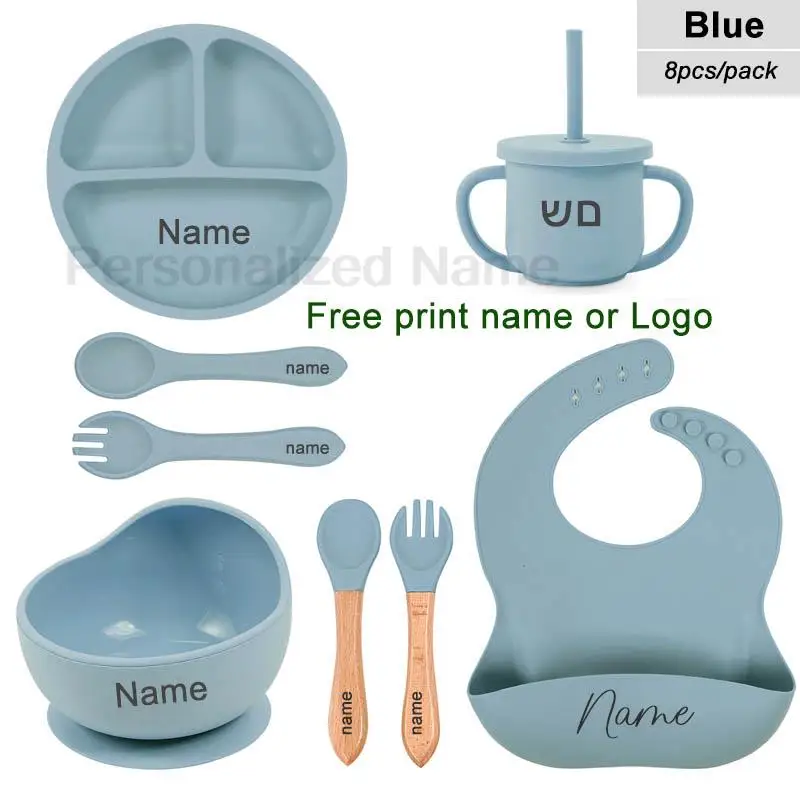 6Pcs Silicone Tableware For Kids Baby Feeding Sets Sucker Bowl Dining Plate Spoon Fork Bib Cup Personalized Name Children's Gift