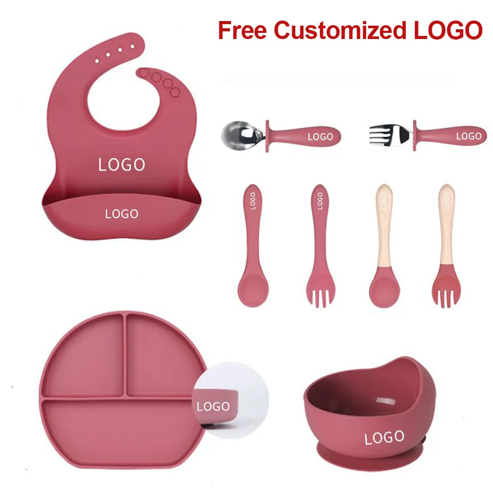 6Pcs Silicone Tableware For Kids Baby Feeding Sets Sucker Bowl Dining Plate Spoon Fork Bib Cup Personalized Name Children's Gift