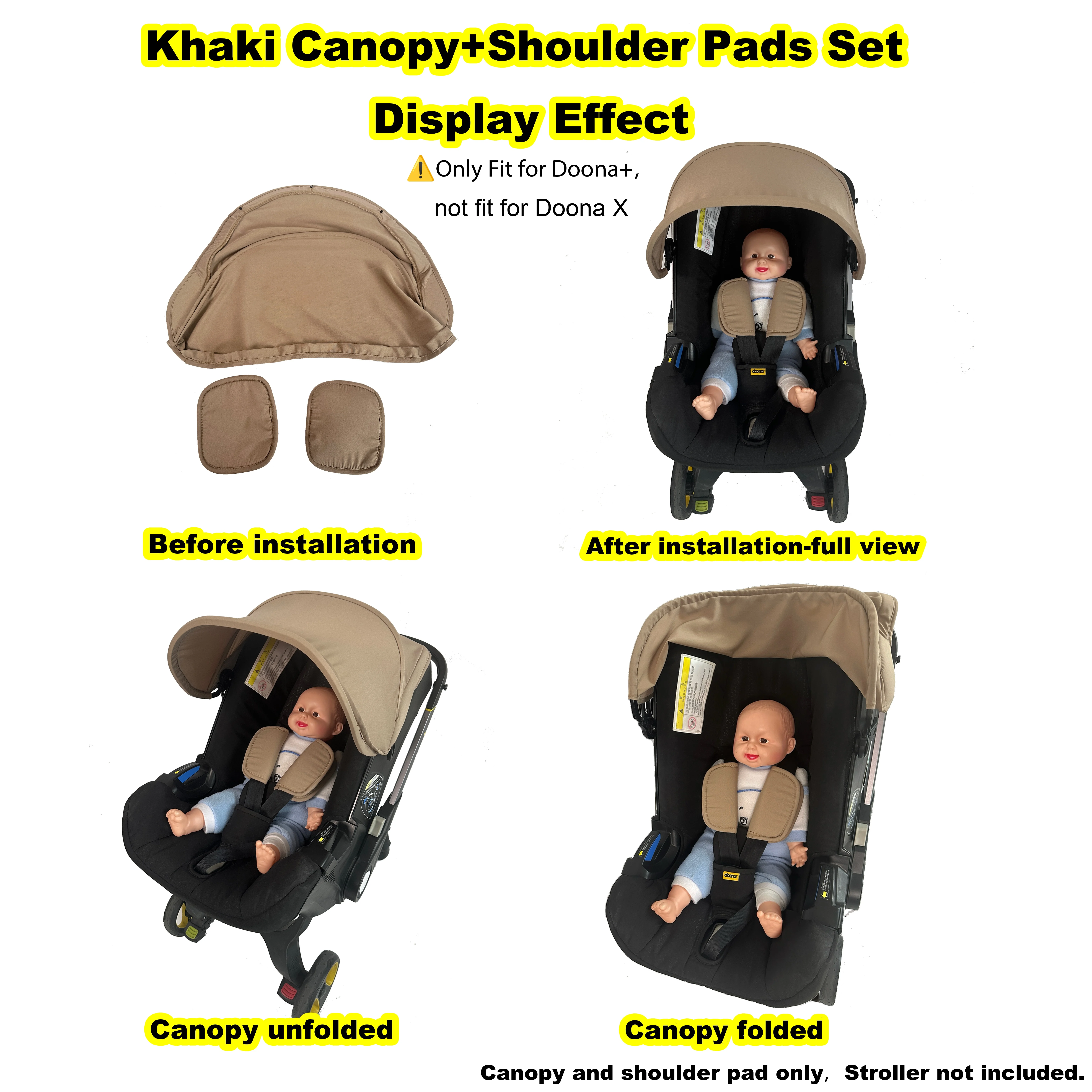For Doona Baby Stroller Canopy & Shoulder Pads – Fits Doona+ / I Car Seat, Sunshade, Grey/Khaki/Green