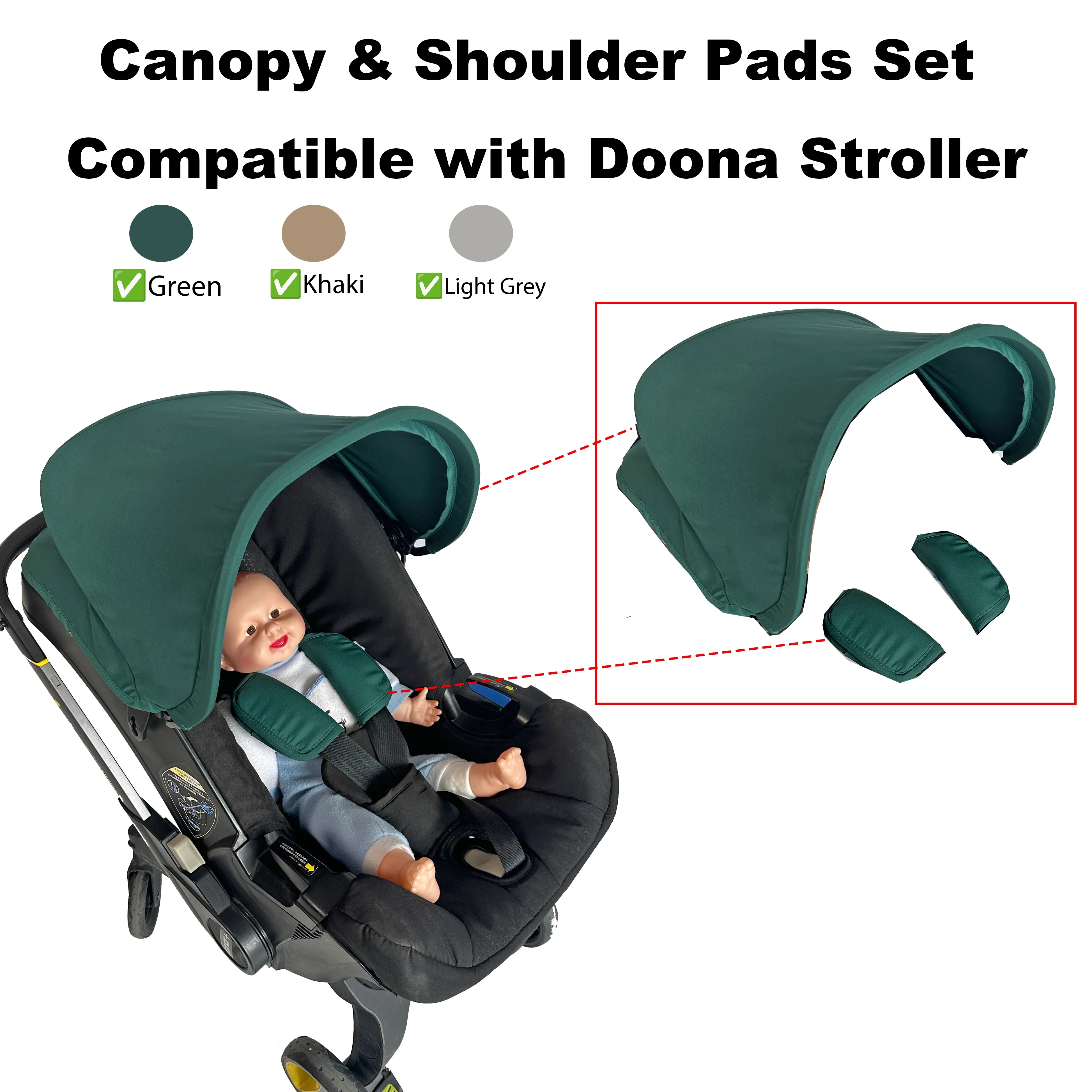 For Doona Baby Stroller Canopy & Shoulder Pads – Fits Doona+ / I Car Seat, Sunshade, Grey/Khaki/Green