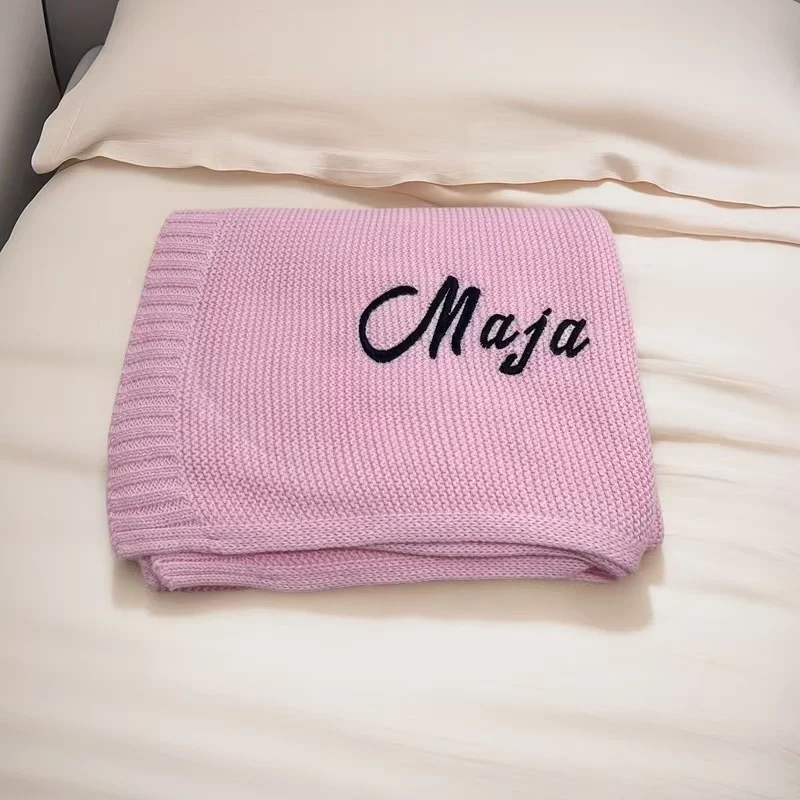 100% Cotton Knit Baby Blanket Personalized Name Soft Breathable Infant Swaddle Blanket Custom Newborn Receiving Blanket Gift