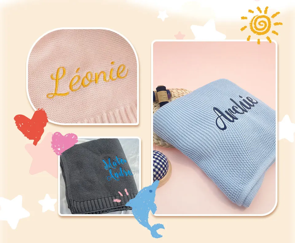 100% Cotton Knit Baby Blanket Personalized Name Soft Breathable Infant Swaddle Blanket Custom Newborn Receiving Blanket Gift
