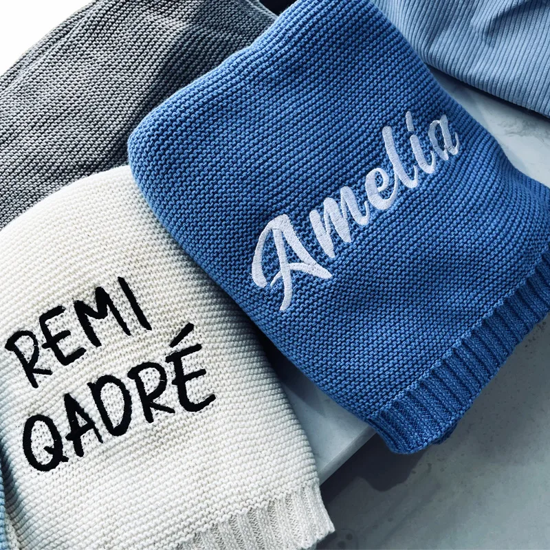 100% Cotton Knit Baby Blanket Personalized Name Soft Breathable Infant Swaddle Blanket Custom Newborn Receiving Blanket Gift