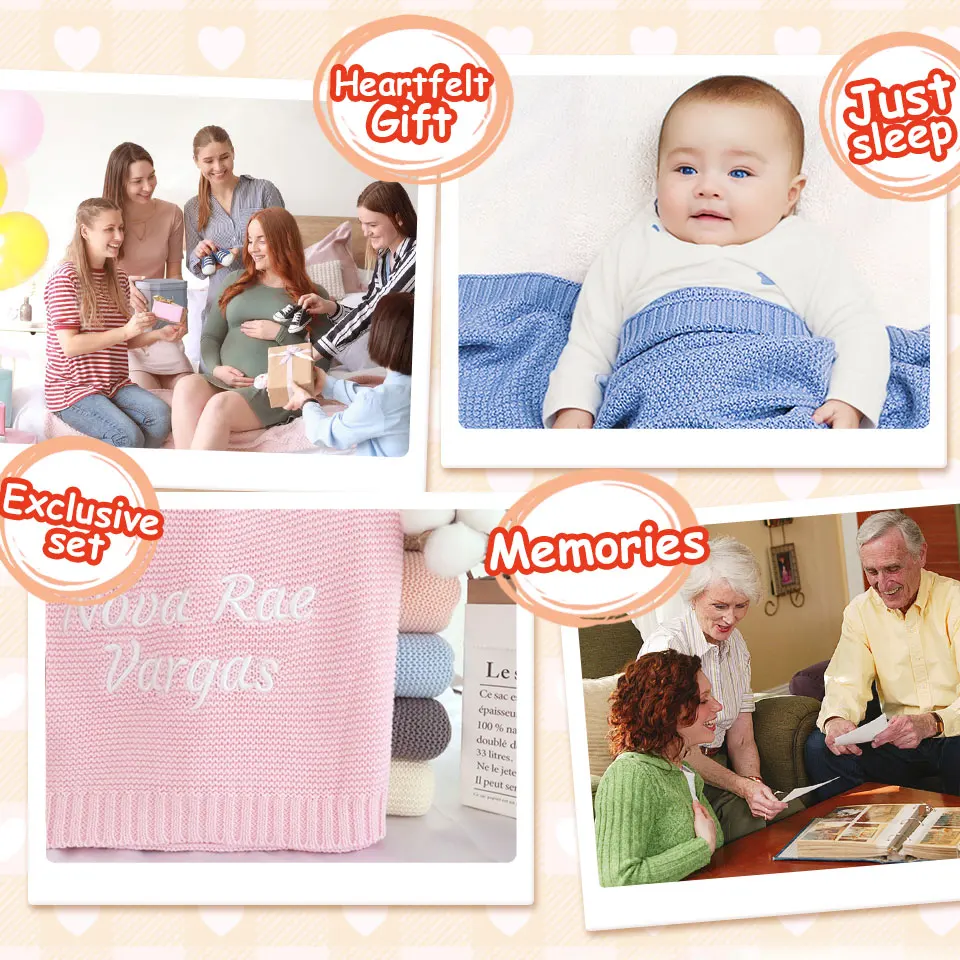 100% Cotton Knit Baby Blanket Personalized Name Soft Breathable Infant Swaddle Blanket Custom Newborn Receiving Blanket Gift