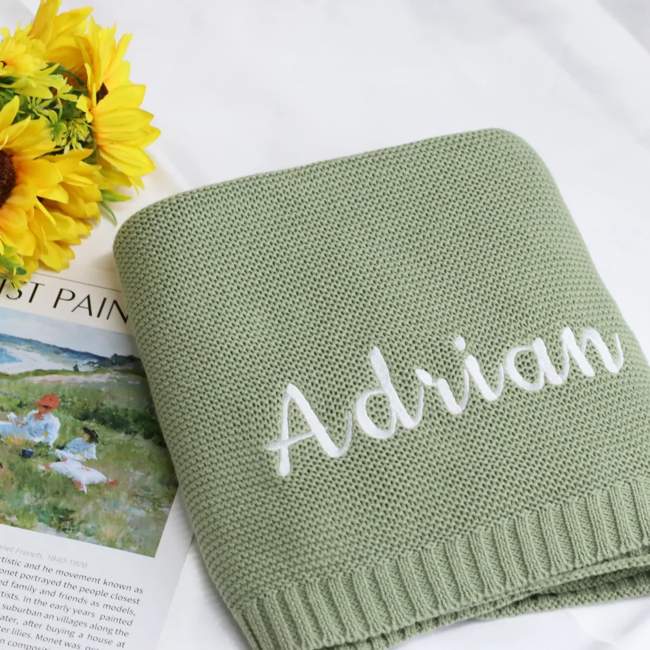 100% Cotton Knit Baby Blanket Personalized Name Soft Breathable Infant Swaddle Blanket Custom Newborn Receiving Blanket Gift