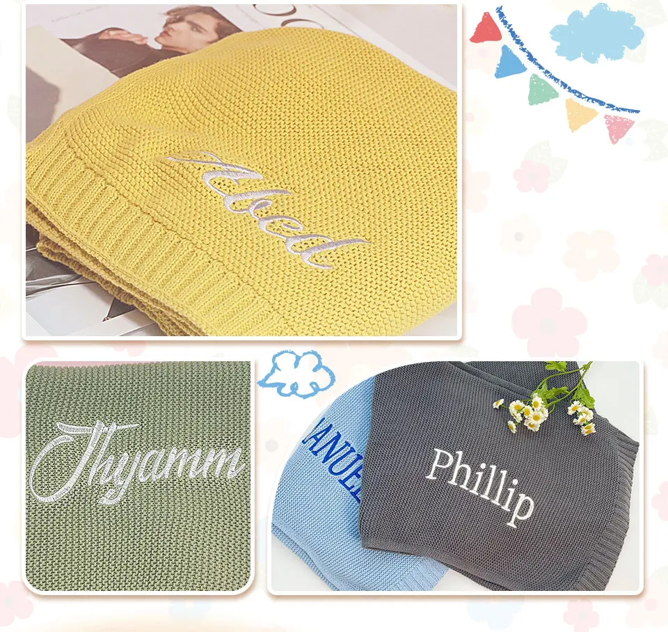 100% Cotton Knit Baby Blanket Personalized Name Soft Breathable Infant Swaddle Blanket Custom Newborn Receiving Blanket Gift