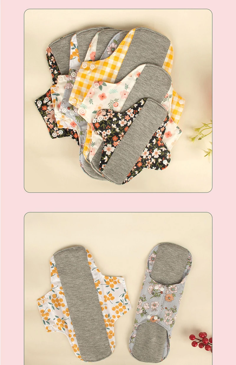 5pcs Anti-Slip Sanitary Pads Graphene Lining Cotton Fabric Breathable Washable Sanitary Napkins for Women Period with Wet Bag