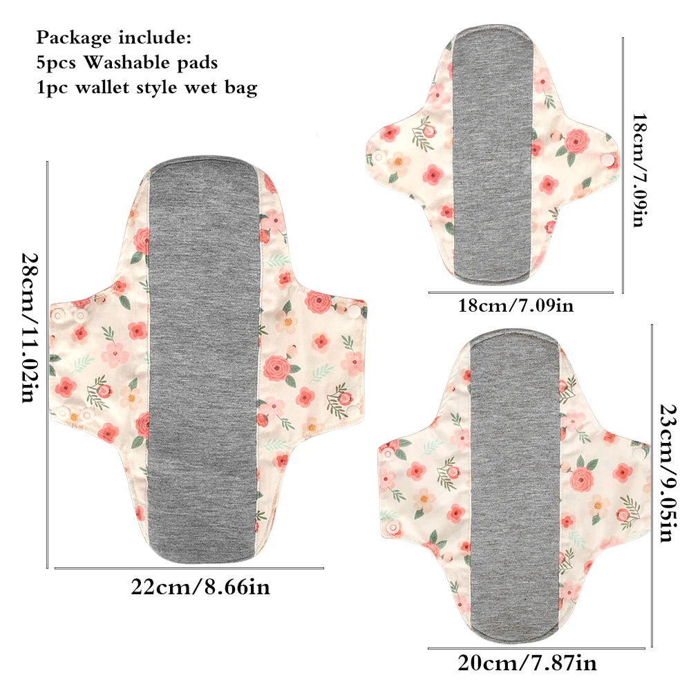 5pcs Anti-Slip Sanitary Pads Graphene Lining Cotton Fabric Breathable Washable Sanitary Napkins for Women Period with Wet Bag