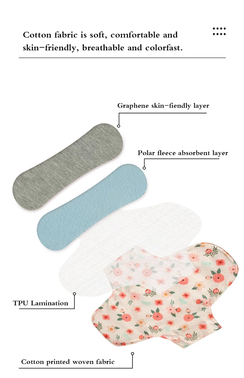 5pcs Anti-Slip Sanitary Pads Graphene Lining Cotton Fabric Breathable Washable Sanitary Napkins for Women Period with Wet Bag