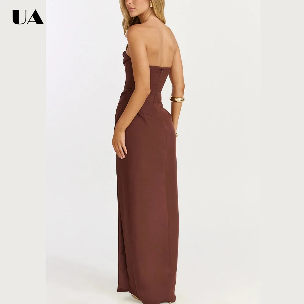 ULBYANRY Sexy Corset High-slit Draped Prom Dress, Simple Strapless Long Evening Dress, Customized Solid Sleeveless Party Dress