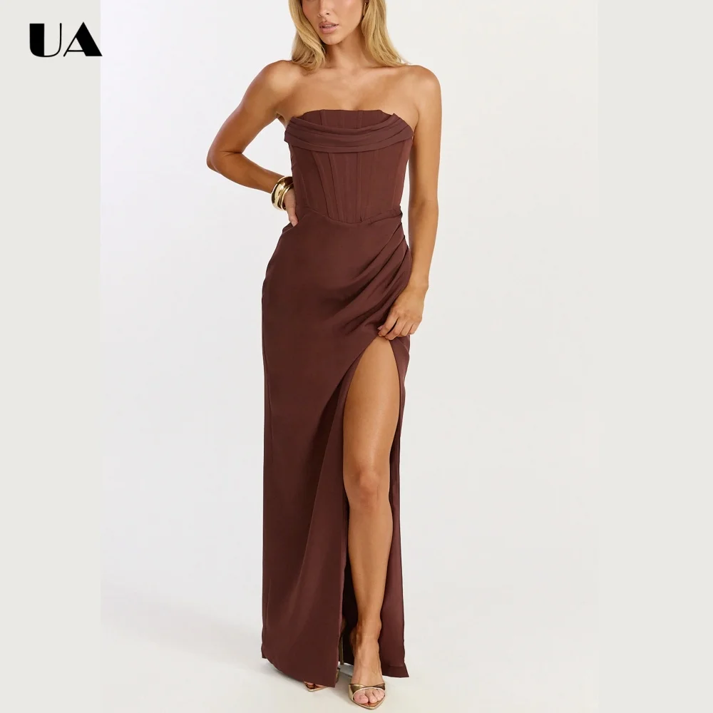 ULBYANRY Sexy Corset High-slit Draped Prom Dress, Simple Strapless Long Evening Dress, Customized Solid Sleeveless Party Dress