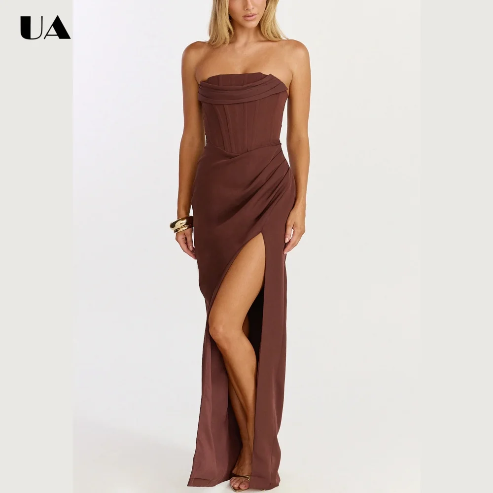ULBYANRY Sexy Corset High-slit Draped Prom Dress, Simple Strapless Long Evening Dress, Customized Solid Sleeveless Party Dress