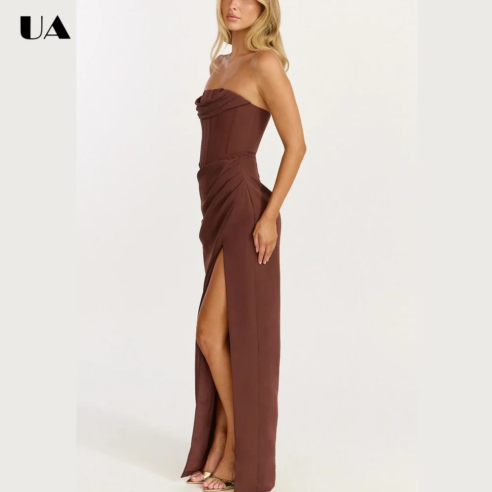 ULBYANRY Sexy Corset High-slit Draped Prom Dress, Simple Strapless Long Evening Dress, Customized Solid Sleeveless Party Dress