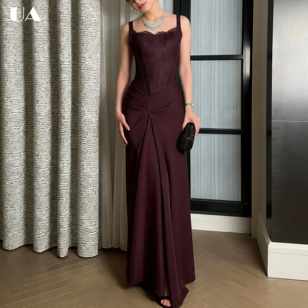 ULBYANRY Customized Straight Lace-trimmed Prom Dress Elegant Spaghetti Strap Ruched Evening Dress Vintage Sleeveless Party Dress