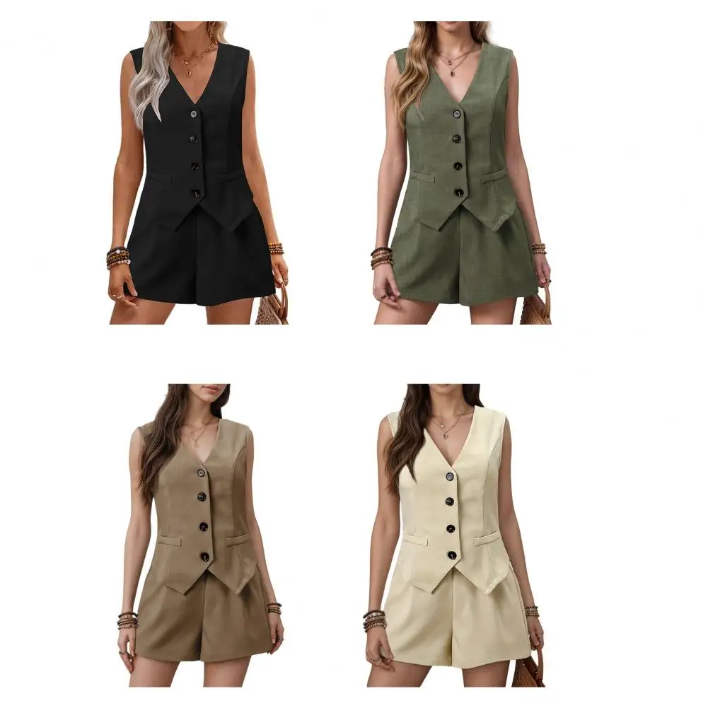 2026 Summer Women Elegant Solid Waistcoat Shorts Set 2024 Sleeveless Vest Top+High Waist Slim Shorts Lady Office 2 Pieces Set