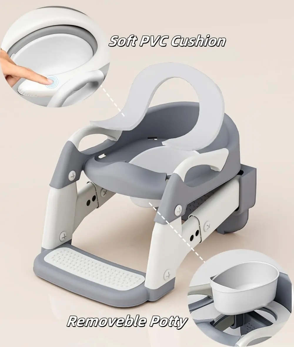 Kids Potty Training Seat With Steps, 3 In 1 Toddler Toilet Ladder Seat, Soft Mat Non-slip Splash Guard Toilet Seat (Grey)