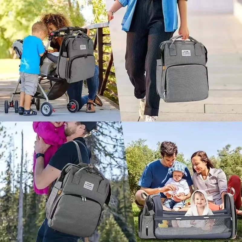 Foldable Bed Diaper Bag with Changing Station Insulated Pocket and Large Capacity Multifunctional Double Shoulder Mommy Bag
