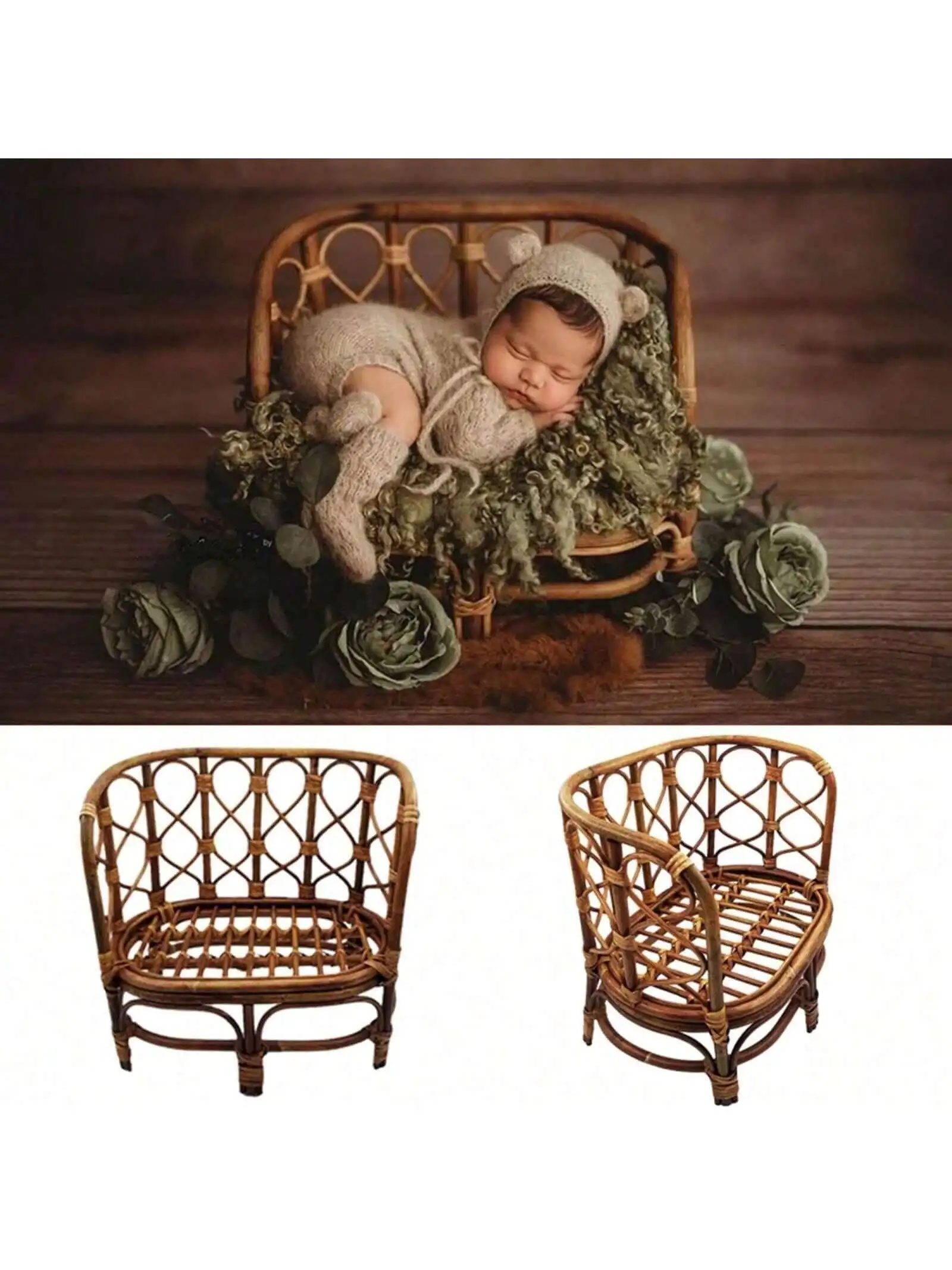 Newborn Photography Props Rattan Vintage Handmade Baby Shooting Bed Wood Bamboo Bench Bed Basket Furniture Baby Photoshoot Prop