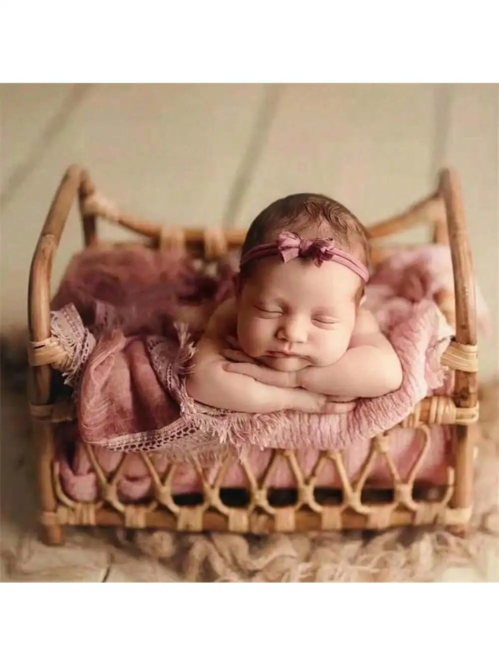 Newborn Photography Props Rattan Vintage Handmade Baby Shooting Bed Wood Bamboo Bench Bed Basket Furniture Baby Photoshoot Prop
