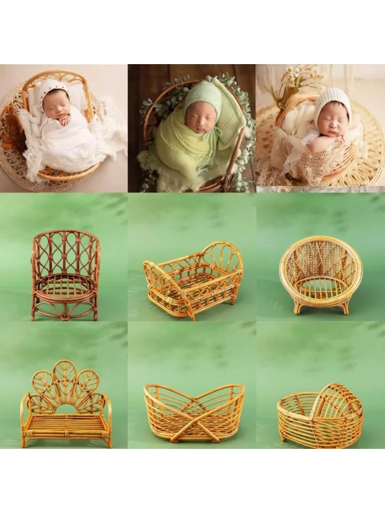 Newborn Photography Props Rattan Vintage Handmade Baby Shooting Bed Wood Bamboo Bench Bed Basket Furniture Baby Photoshoot Prop