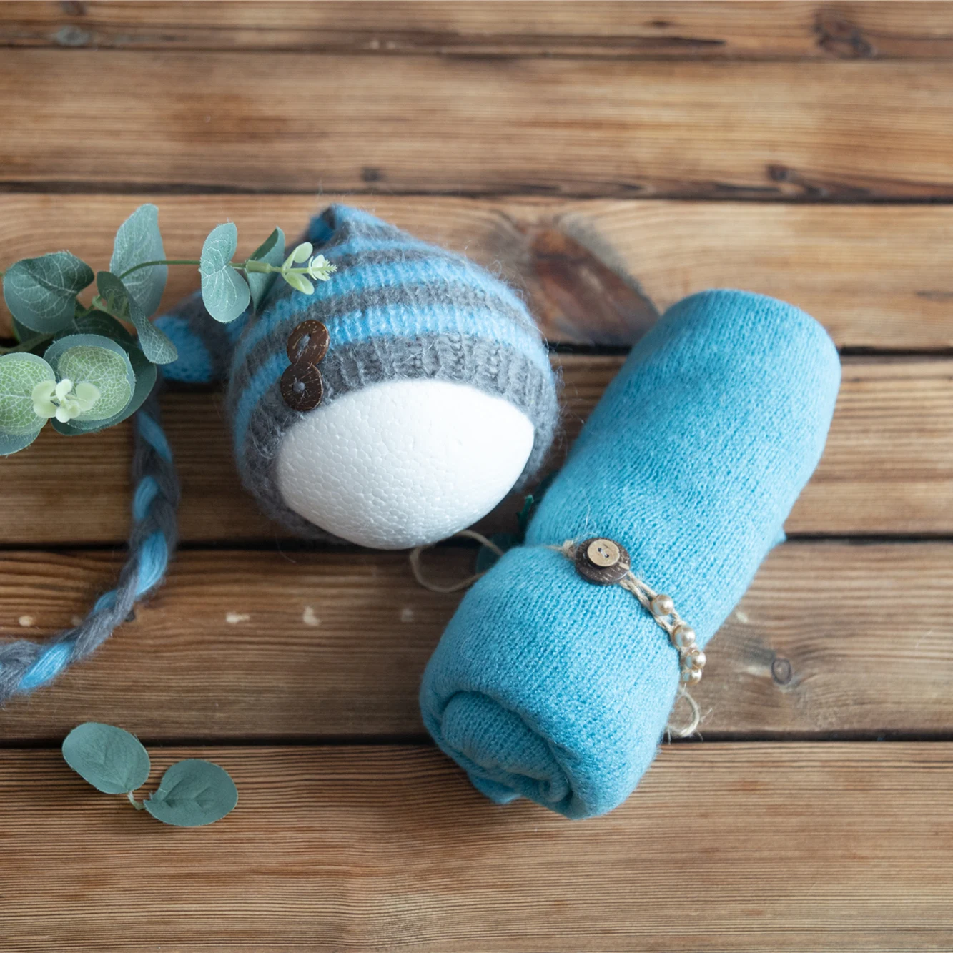 Newborn Stretch Knit Mohair Wrap Lace Frill Sewing Bonnet And Headband Photography Prop Baby Wrap Three Piece Set