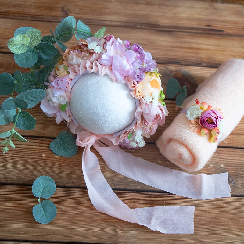 Newborn Stretch Knit Mohair Wrap Lace Frill Sewing Bonnet And Headband Photography Prop Baby Wrap Three Piece Set