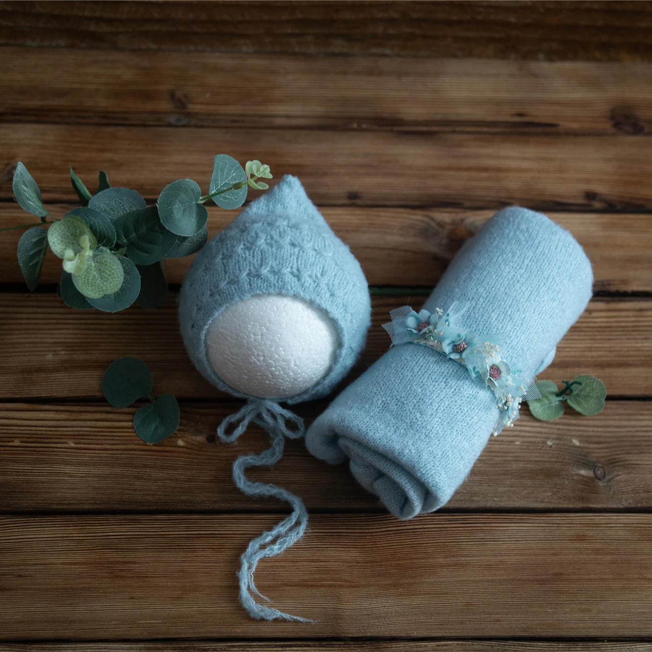 Newborn Stretch Knit Mohair Wrap Lace Frill Sewing Bonnet And Headband Photography Prop Baby Wrap Three Piece Set