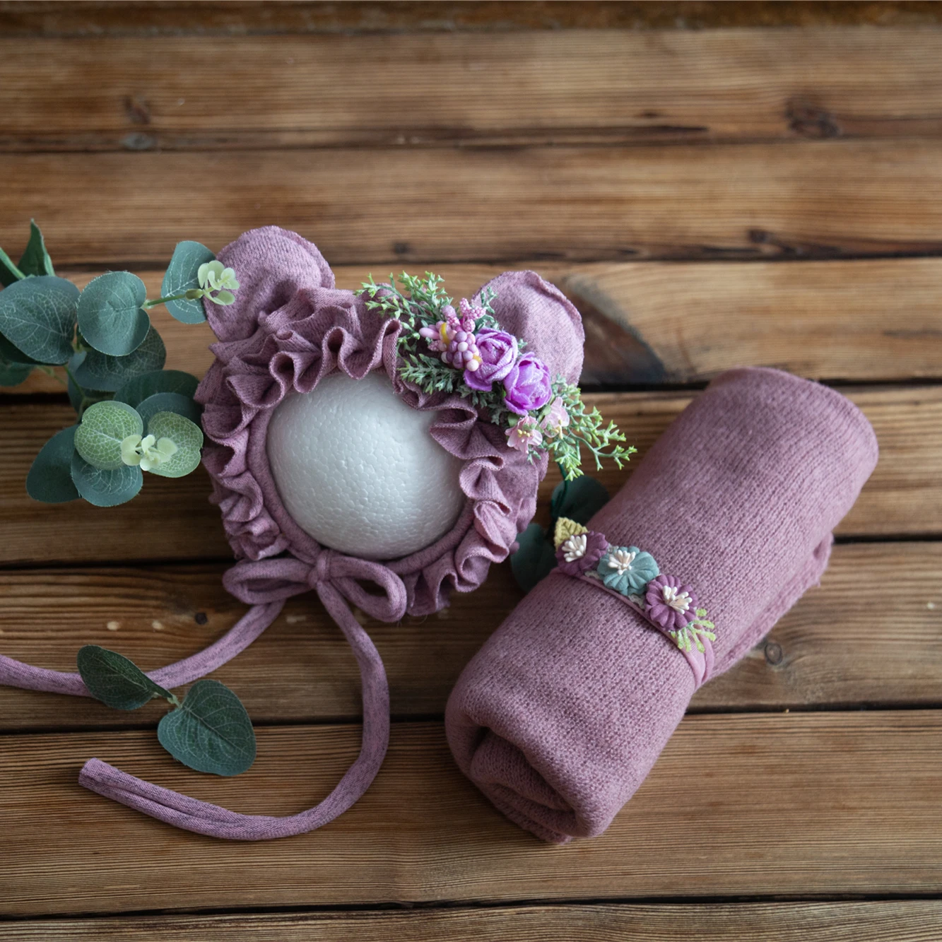Newborn Stretch Knit Mohair Wrap Lace Frill Sewing Bonnet And Headband Photography Prop Baby Wrap Three Piece Set