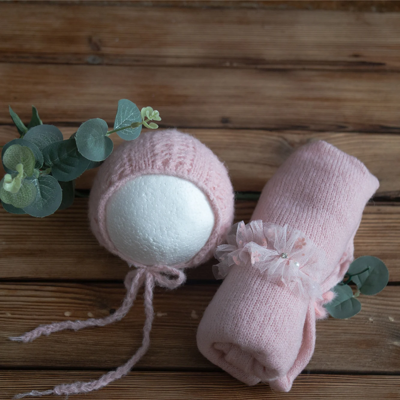 Newborn Stretch Knit Mohair Wrap Lace Frill Sewing Bonnet And Headband Photography Prop Baby Wrap Three Piece Set