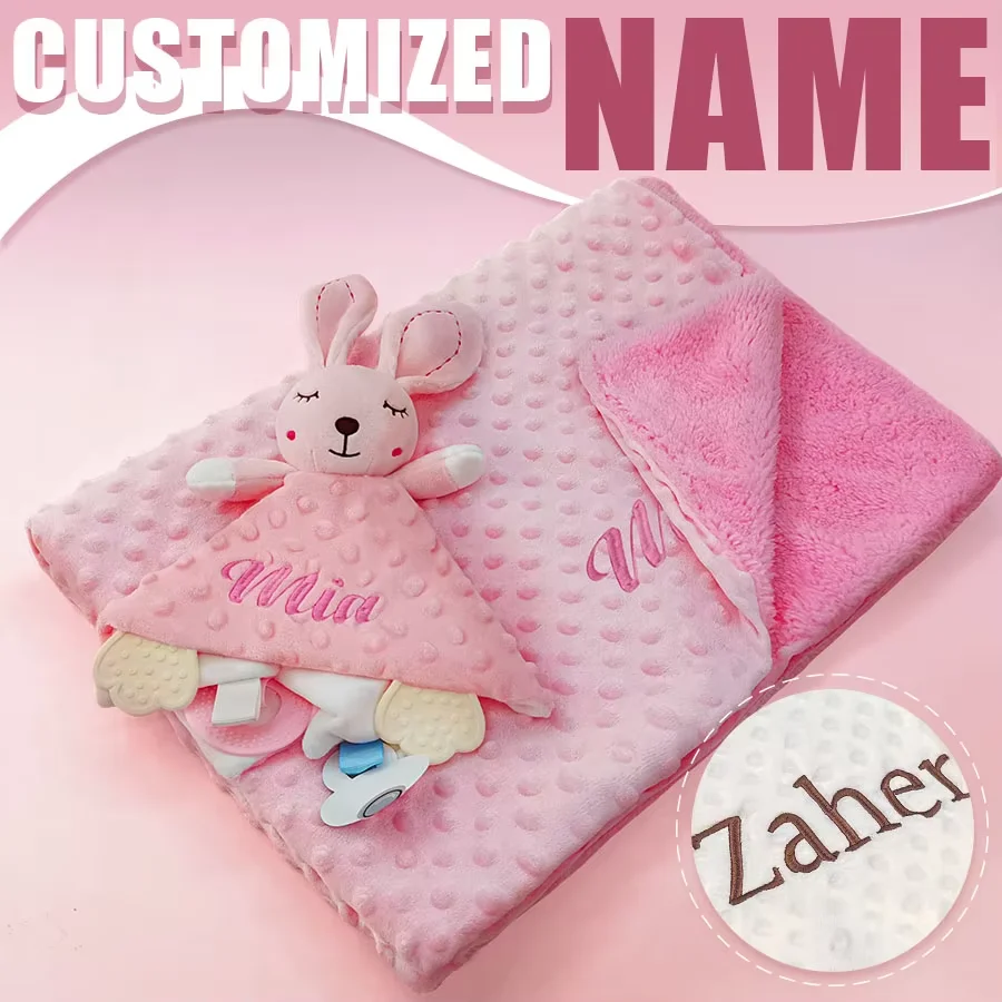 Personalized Baby Blanket Custom Name Soft Minky Dot 2-Piece Blanket Set Baby Shower Gift for Boys Girls