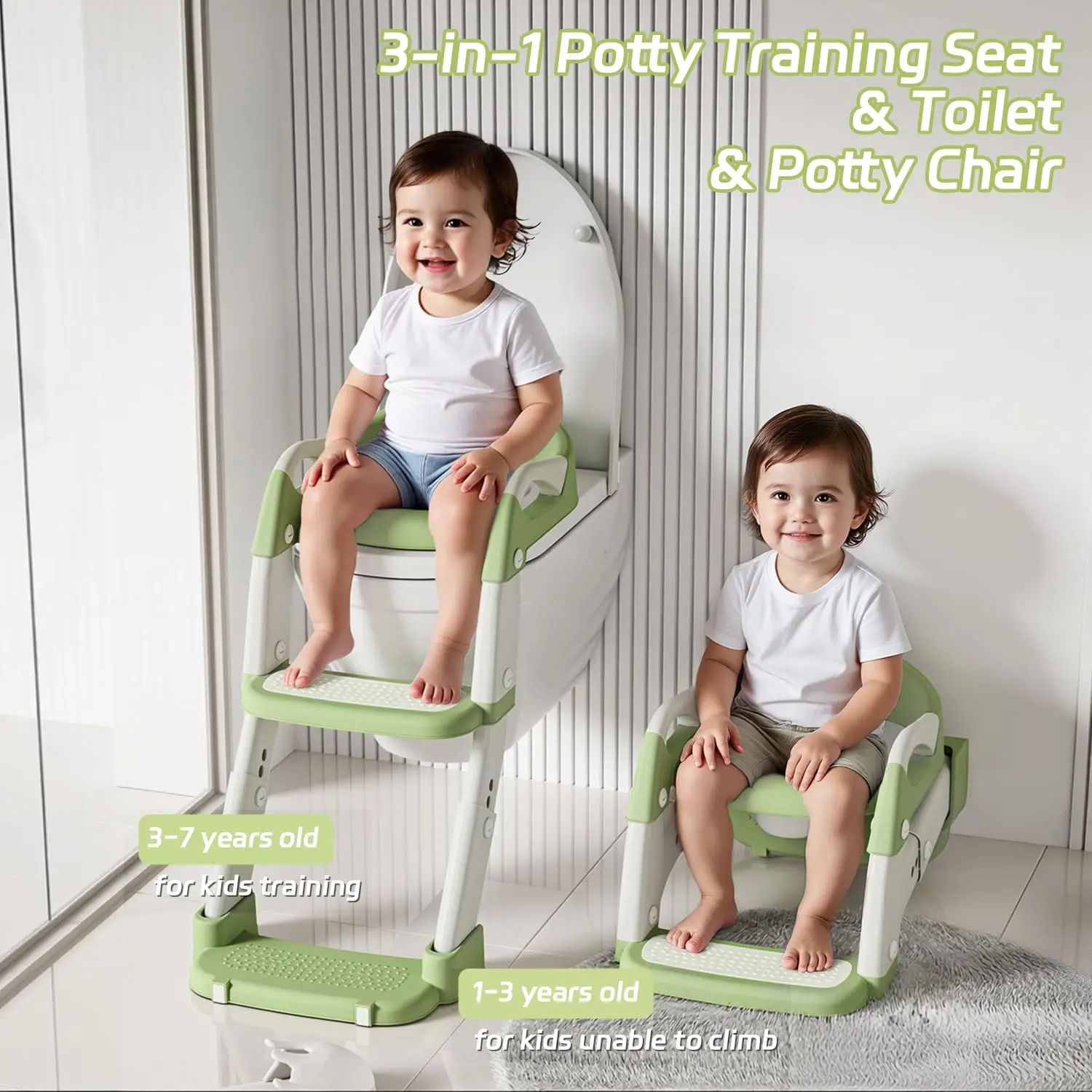 2-in-1 Toddler Toilet Ladder Seat – Adjustable Potty Training Seat with Non-Slip Steps & Anti-Slip Pads, Foldable for Boys & Girls, Bathroom Toilet Trainer (Grey Green Purple)