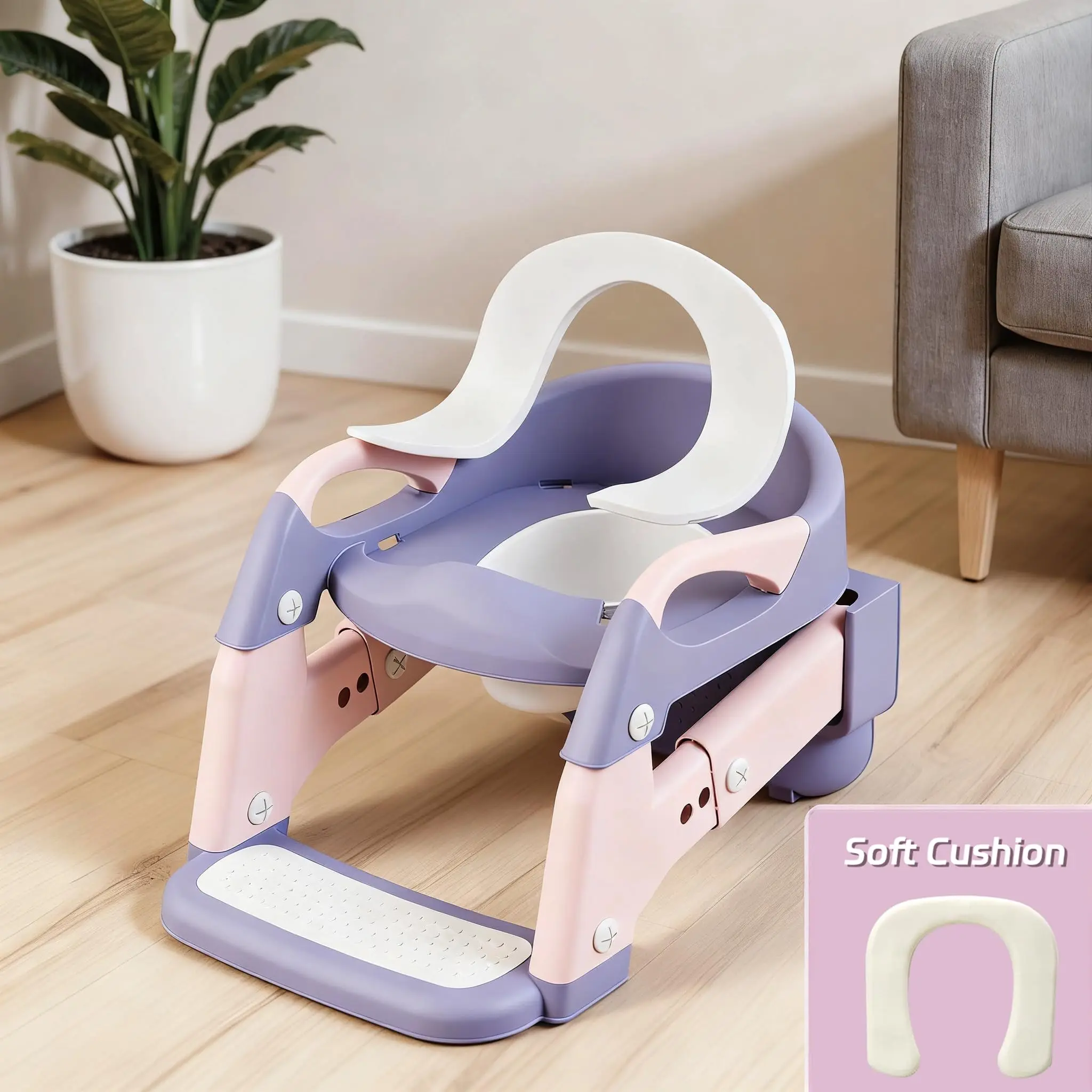 2-in-1 Toddler Toilet Ladder Seat – Adjustable Potty Training Seat with Non-Slip Steps & Anti-Slip Pads, Foldable for Boys & Girls, Bathroom Toilet Trainer (Grey Green Purple)