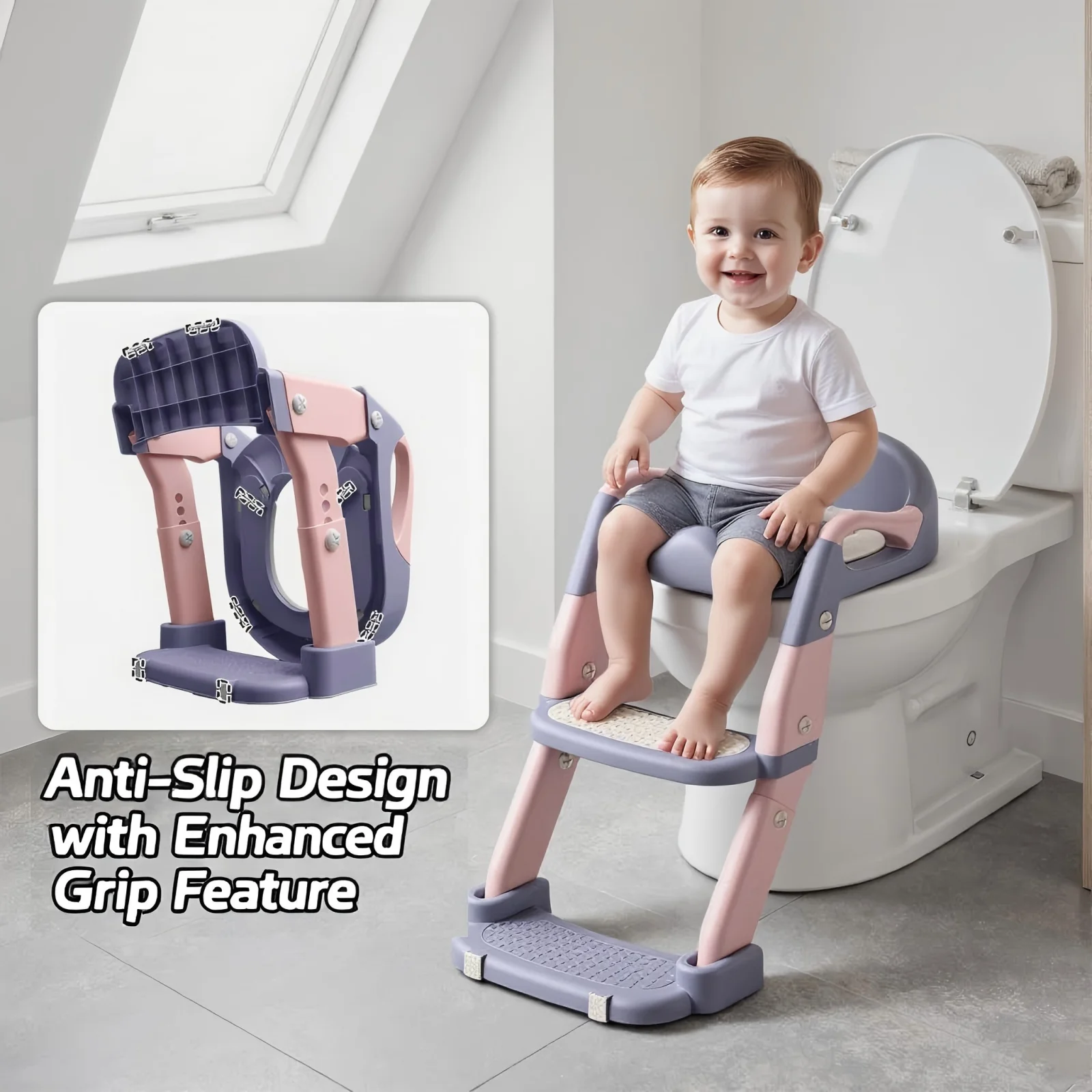2-in-1 Toddler Toilet Ladder Seat – Adjustable Potty Training Seat with Non-Slip Steps & Anti-Slip Pads, Foldable for Boys & Girls, Bathroom Toilet Trainer (Grey Green Purple)